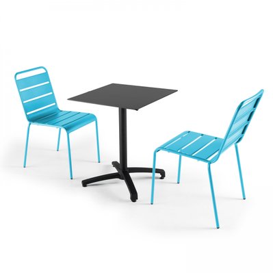 Ensemble table de jardin statifié noir et 2 chaises bleu 60 x 60 x 72 cm - 108170 - 3663095116437