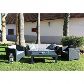 Salon de jardin Tropea - 5 places - 2 fauteuils + 1 canapé + table - gris
