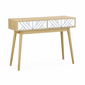Console en décor bois et blanc- Mika - 2 tiroirs. pieds scandinaves. L