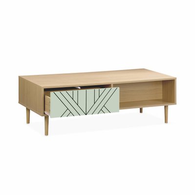 Table basse en décor bois et vert d'eau - Mika - 2 tiroirs. 2 espaces de rangement. L 120 x l 55 x H 40cm - 3760350651761 - 3760350651761