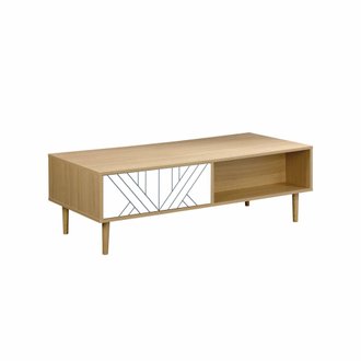 Table basse en décor bois et blanc - Mika - 2 tiroirs. 2 espaces de