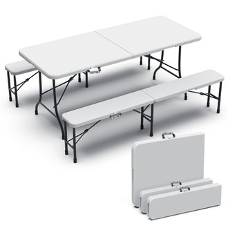 Ensemble de Table et bancs camping pliables 180cm HDPE blanc