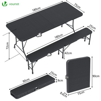 VOUNOT Ensemble de Table et bancs camping pliables 180cm HDPE Style Polyrotin noir - 6691615506455 - 6973424411681
