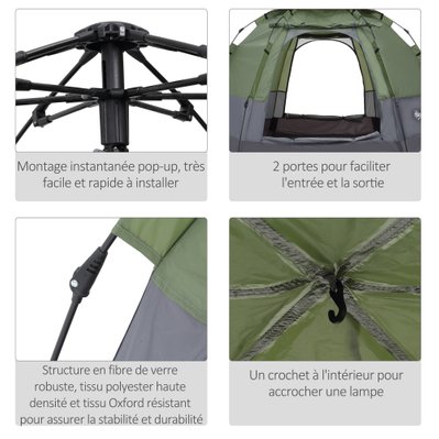 Tente de camping pop-up 3-4 personnes fibre verre polyester - A20-128GN - 3662970102855