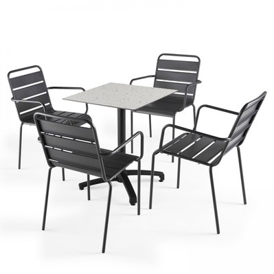 Table de jardin hpl 60x60 cm TERRAZZO et 4 fauteuils palavas gris - 108158 - 3663095116314