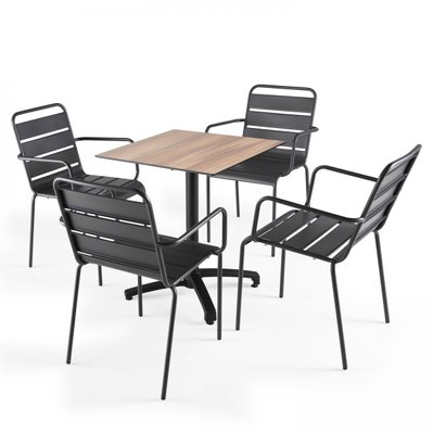 Table de jardin HPL 70x70cm chene foncé et 4 fauteuils palavas gris - 108129 - 3663095116055
