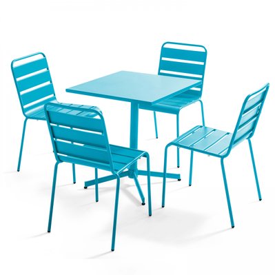 Palavas - Table carrée 70 cm plateau inclinable et 4 chaises bleu - 107887 - 3663095113412