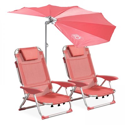 Lot 2 fauteuils clic clac et 1 parasol polyester rose - 106358 - 3663095039934
