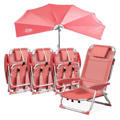 Lot 4 fauteuils clic clac et 1 parasol polyester rose - 106363 - 3663095039989