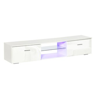 Meuble TV LED style contemporain - 2 placards, étagère verre - blanc laqué