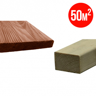 Pack terrasse complet WOOD2WOOD - lames 21 x 120 mm + lambourdes spéciales plots béton - Pin traité CL4 - teinté brun - 50 m²