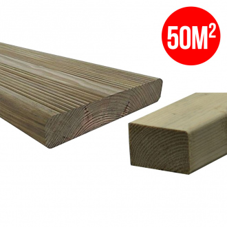 Pack terrasse complet WOOD2WOOD - lames 21 x 120 mm + lambourdes bois raboté - Pin traité CL4 - teinté vert - 50 m²