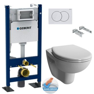 Geberit Pack Bâti-support Autoportant Duofix + WC sans bride Vitra Normus SpinFlush+ Abattant softclose + Plaque blanche