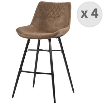 QUEENS- Chaises de bar industrielle microfibre vintage marron pieds métal noir (x4)