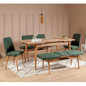 Ensemble repas Vina - 1 table + 2 chaises + 2 bancs - pin & vert