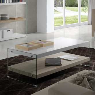 Table basse LIBRA - 120 x 60 x 42 cm - blanc, chêne clair & transparent