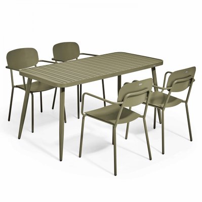 Ensemble table rectangulaire et 4 fauteuils en aluminium vert kaki 150 x 75 x 75 cm - 108267 - 3663095117366
