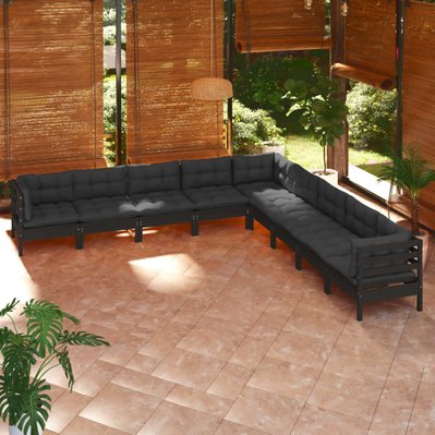 vidaXL Salon de jardin 9 pcs avec coussins Noir Bois de pin solide - 3096819 - 8720286865934