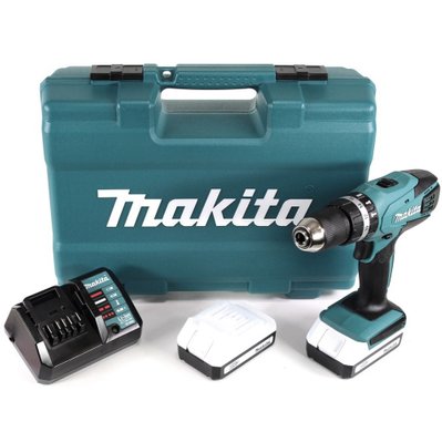 Makita HP 457 DWE 10 - 18 V Perceuse-Visseuse sans fil + 2x Batteries 1,3 Ah  + Chargeur + Coffret + 74 pièces d'accessoires - 11918 - 4250559993513