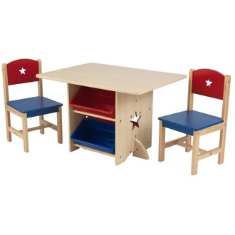 Table, chaises et bac rangement enfant en bois Etoile