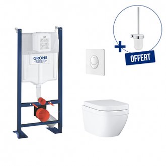 Pack Bâti support Rapid SL PROJECT- cuvette WC sans bride EURO CERAMIC - plaque blanche + porte balai de WC offert