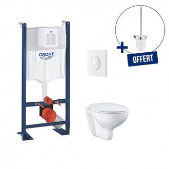 Pack Bâti support Rapid SL PROJECT- cuvette WC sans bride EURO CERAMIC - plaque blanche + porte balai de WC offert