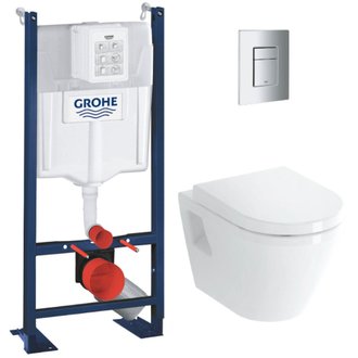 Pack Bâti-support autoportant GROHE + WC avec bride + Abattant + Plaque chrome