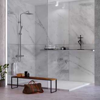 KOBERT IN - Kit de 2 panneaux muraux douche, pierre blanche, 120x120 cm, série Versilia