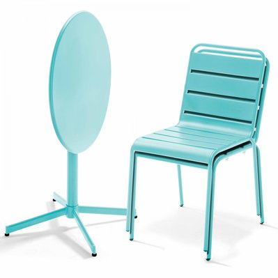 Ensemble table de jardin ronde et 2 chaises métal turquoise 70 x 72 cm - 109171 - 3663095130020