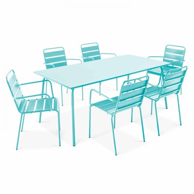 Ensemble table de jardin et 6 fauteuils en métal turquoise 180 x 90 x 72 cm - 109247 - 3663095130785