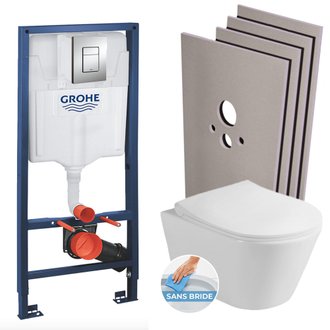 Pack bâti-support GROHE + WC sans bride Avva + abattant SoftClose + plaque chrome + habillage