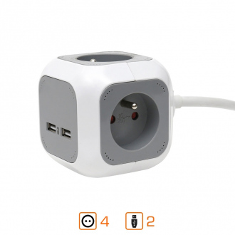Multiprise cube - 4 prises 2P+T + 2 prises USB - gris & blanc